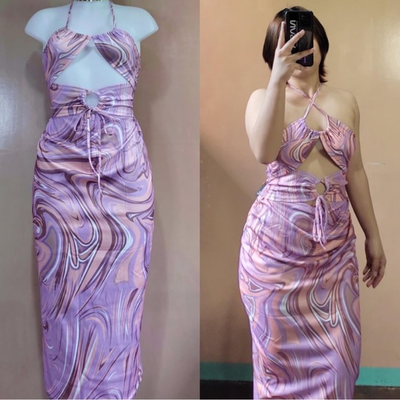 💛 Pink and Purple Swirl Drawstring Dress - Picture 3 of 7